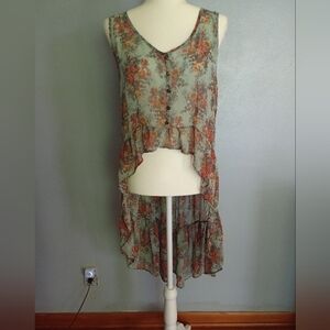 Floral Boho Sleeveless High-Low Button Up Sheer Blouse Top With Ruffled Trim